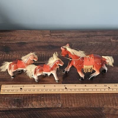 Vtg Japan Horse Figurines Family fur Hair on Mane and Tail Felt Fringe Saddle - Thumbnail 8