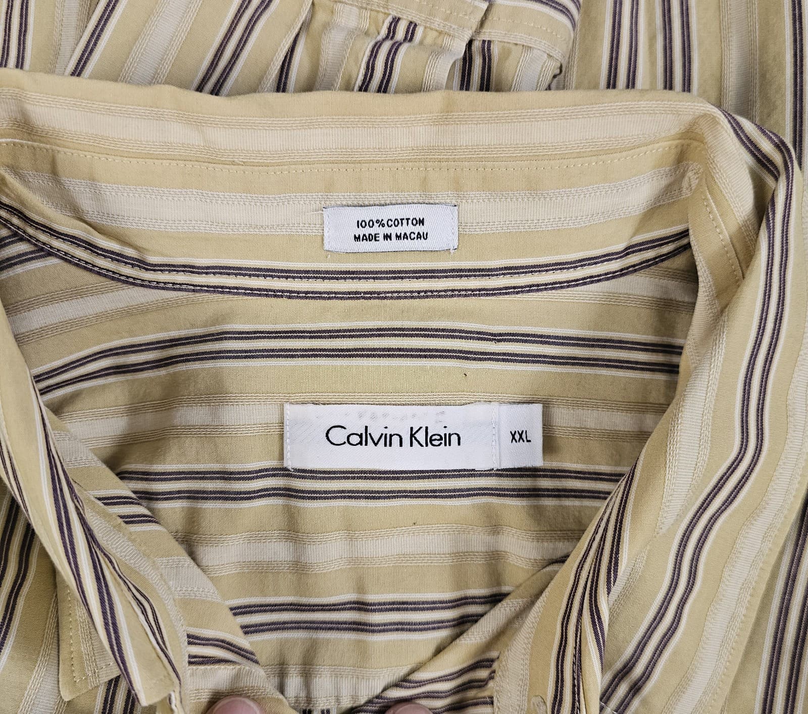 Calvin Klein Mens 2XL Long Sleeve casual Button Down Shirt Stripes Beige Cotton - Thumbnail 8