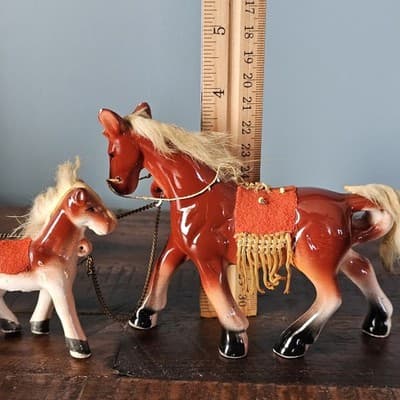 Vtg Japan Horse Figurines Family fur Hair on Mane and Tail Felt Fringe Saddle - Thumbnail 9