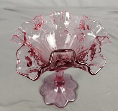 Fenton Art Glass Vtg Pink Purple Cabbage Rose Ruffled Edge Pedestal Bowl Compote - Thumbnail 4