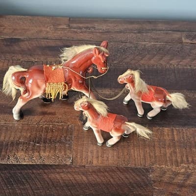 Vtg Japan Horse Figurines Family fur Hair on Mane and Tail Felt Fringe Saddle - Thumbnail 2