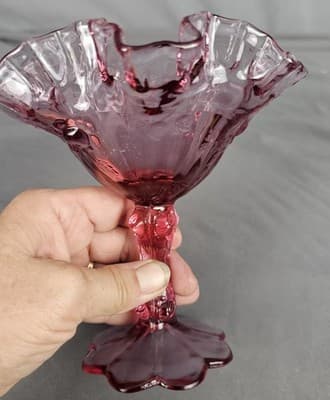 Fenton Art Glass Vtg Pink Purple Cabbage Rose Ruffled Edge Pedestal Bowl Compote - Thumbnail 5