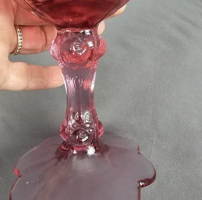 Fenton Art Glass Vtg Pink Purple Cabbage Rose Ruffled Edge Pedestal Bowl Compote - Thumbnail 6