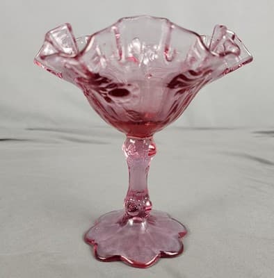 Fenton Art Glass Vtg Pink Purple Cabbage Rose Ruffled Edge Pedestal Bowl Compote - Thumbnail 2