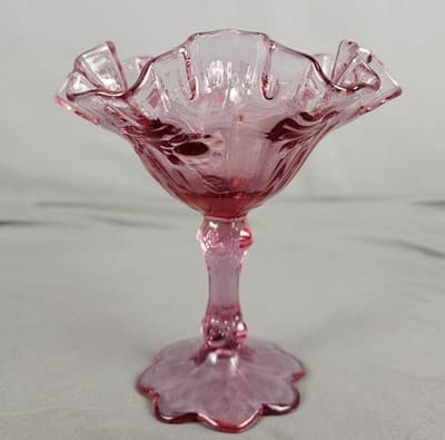 Fenton Art Glass Vtg Pink Purple Cabbage Rose Ruffled Edge Pedestal Bowl Compote - Thumbnail 3