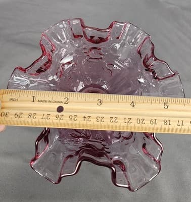 Fenton Art Glass Vtg Pink Purple Cabbage Rose Ruffled Edge Pedestal Bowl Compote - Thumbnail 8
