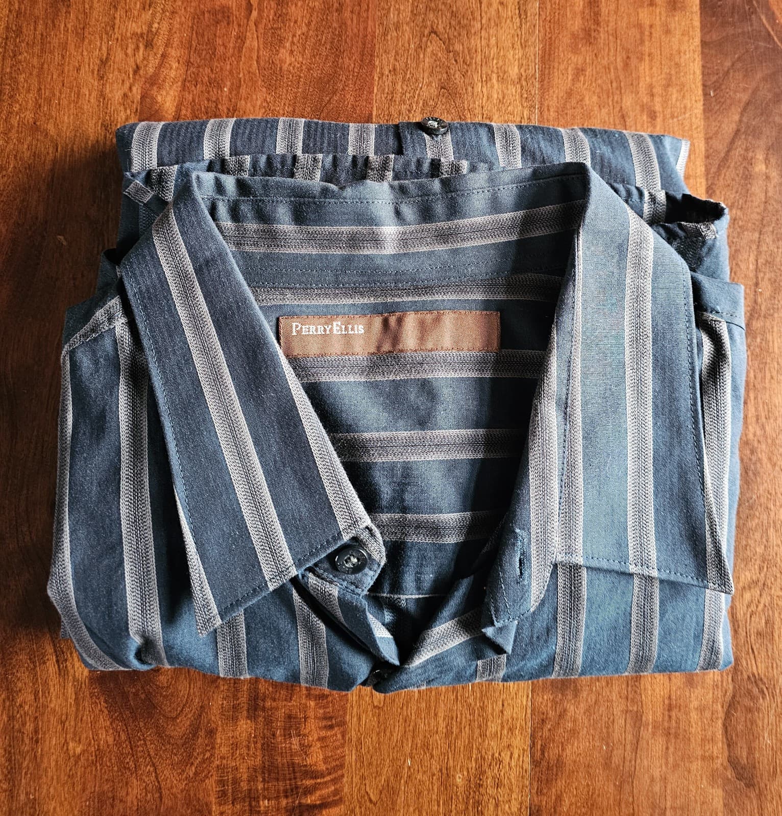 Perry Ellis Shirt Mens XL Blue Stripe Cotton Long Sleeves Casual Button Up - Thumbnail 8