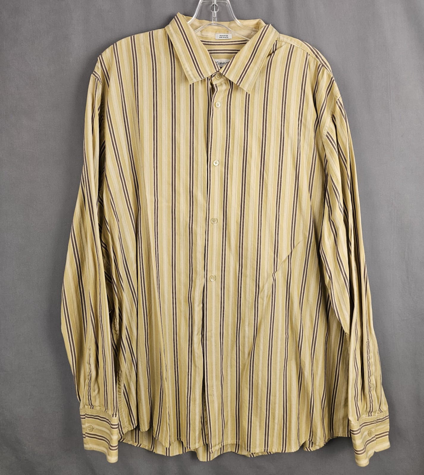 Calvin Klein Mens 2XL Long Sleeve casual Button Down Shirt Stripes Beige Cotton - Thumbnail 2
