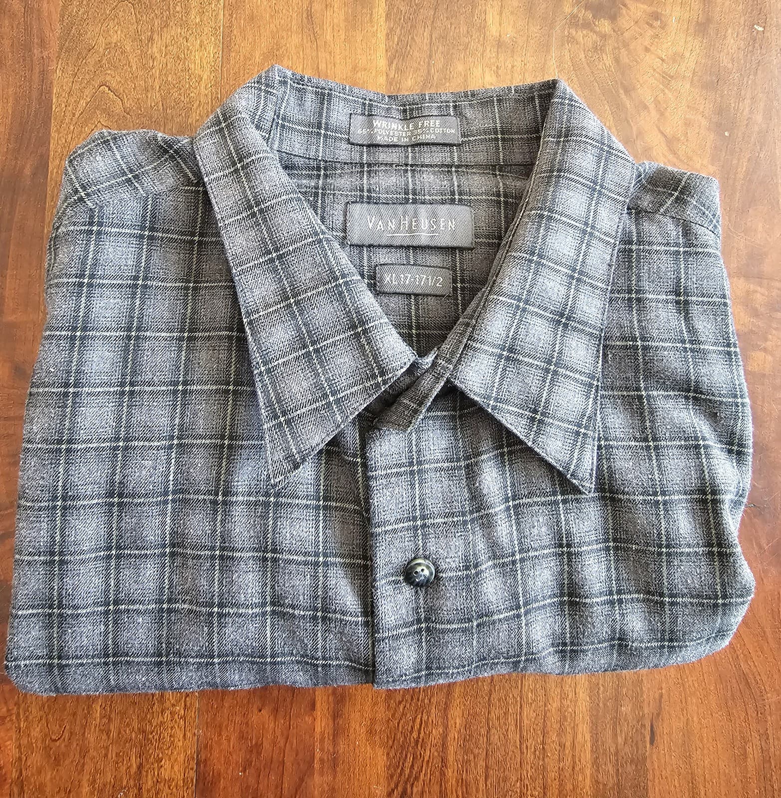 Van Heusen Mens Casual Shirt, XL 17 17.5" , Sq pattern L Sleeve Gray - Thumbnail 12