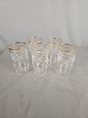 Vintage Bartlett Collins Set of 5 Grape Leaf Etched Glasses Gold Rim 1950s - Thumbnail 3