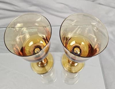 2 Wine Goblets Amber Handblown Vintage Bubble 8” Tall MCM Retro Glass - Thumbnail 3