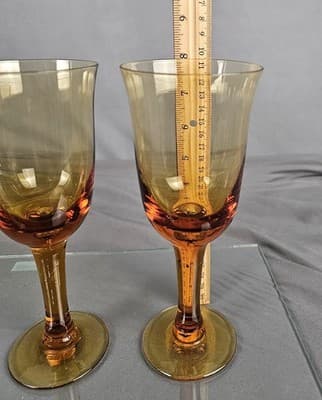 2 Wine Goblets Amber Handblown Vintage Bubble 8” Tall MCM Retro Glass - Thumbnail 4