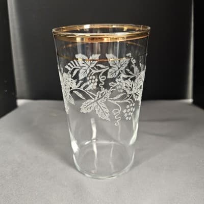 Vintage Bartlett Collins Set of 5 Grape Leaf Etched Glasses Gold Rim 1950s - Thumbnail 2