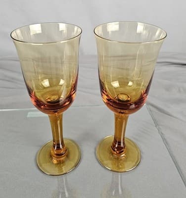 2 Wine Goblets Amber Handblown Vintage Bubble 8” Tall MCM Retro Glass - Thumbnail 2