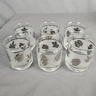 Libbey Glass Silver Leaf Old Fashioned Glasses 3" Set Of 6 Frosted Platinum Trim - Thumbnail 2