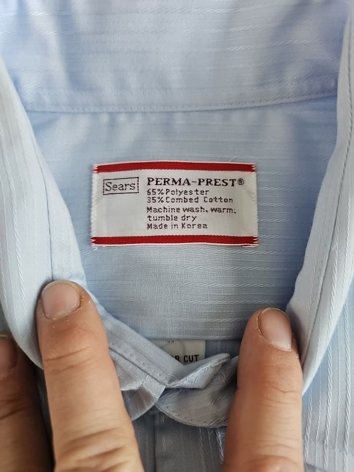 Sears Mens Dress Shirt, 17 34/35 Regular Cut, Blue w verticle rib weeve L Sleeve - Thumbnail 12