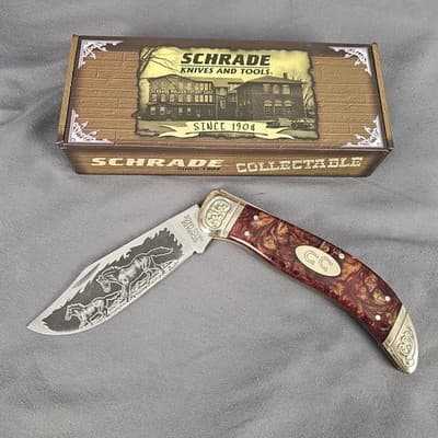 SchradeE Limited Issue 2009 SCLH Hand Made Wild Horses Folding Knife with Box - Thumbnail 6