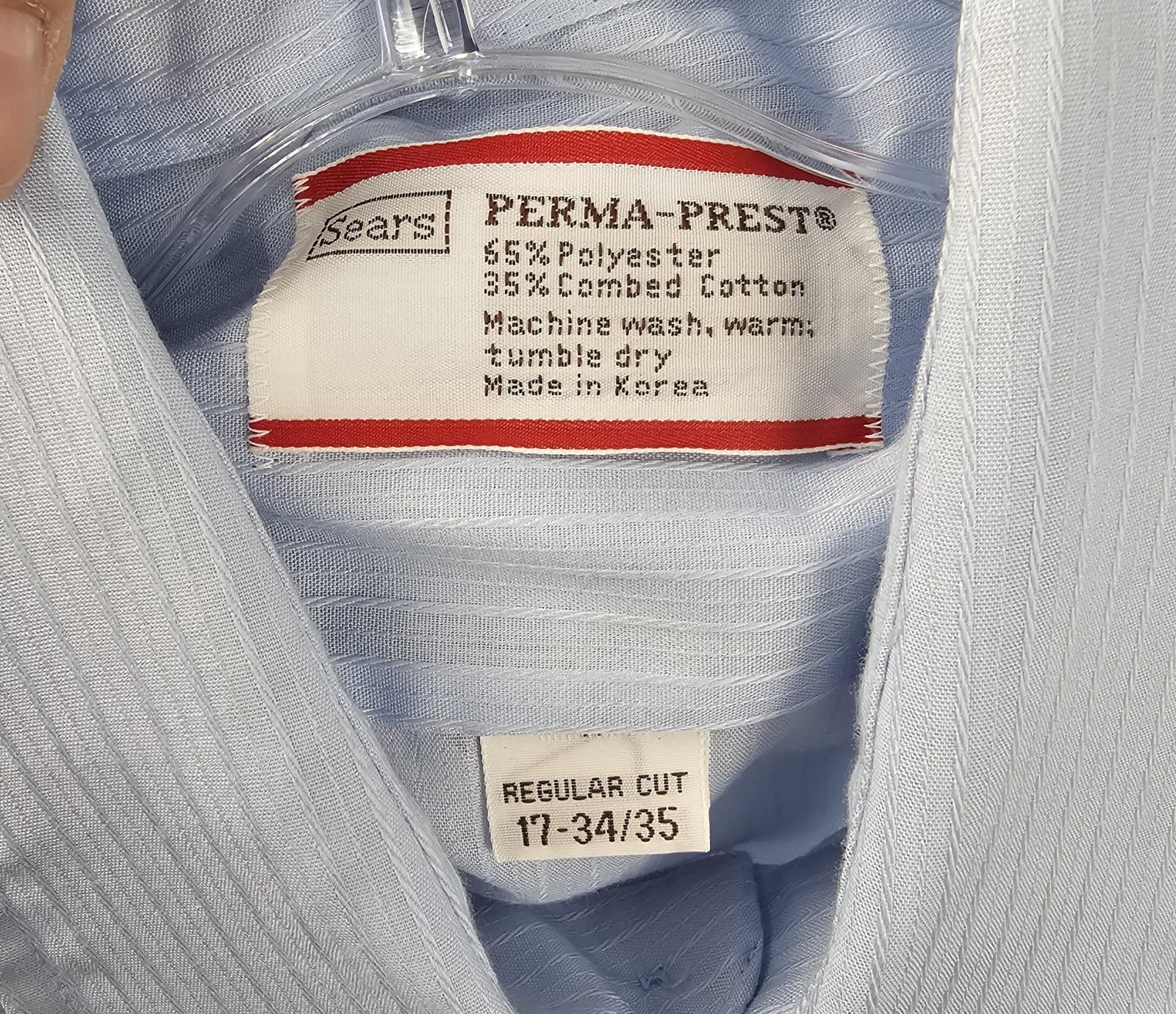 Sears Mens Dress Shirt, 17 34/35 Regular Cut, Blue w verticle rib weeve L Sleeve - Thumbnail 4