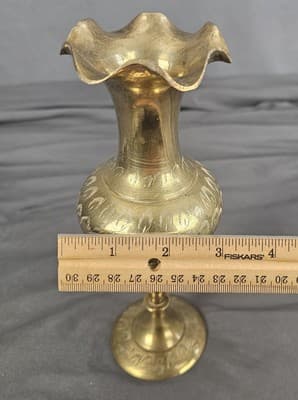 Vintage Brass Vase Etched Ruffle Edge 9" Tall - Thumbnail 7