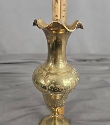 Vintage Brass Vase Etched Ruffle Edge 9" Tall - Thumbnail 8