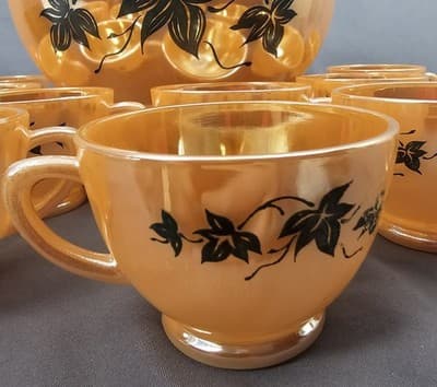 Vintage 1950's Anchor Hocking Peach Luster Ivy Leaves Punch Bowl Set 14 Piece - Thumbnail 10
