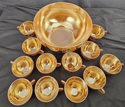 Vintage 1950's Anchor Hocking Peach Luster Ivy Leaves Punch Bowl Set 14 Piece - Thumbnail 6