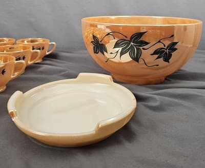 Vintage 1950's Anchor Hocking Peach Luster Ivy Leaves Punch Bowl Set 14 Piece - Thumbnail 12