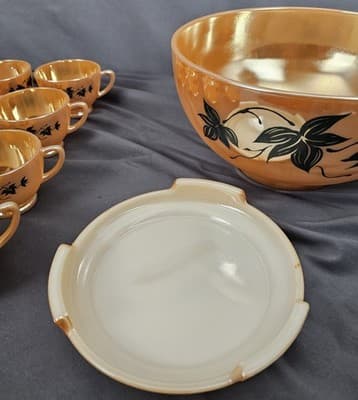 Vintage 1950's Anchor Hocking Peach Luster Ivy Leaves Punch Bowl Set 14 Piece - Thumbnail 13