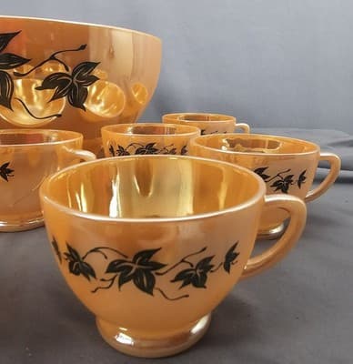 Vintage 1950's Anchor Hocking Peach Luster Ivy Leaves Punch Bowl Set 14 Piece - Thumbnail 11