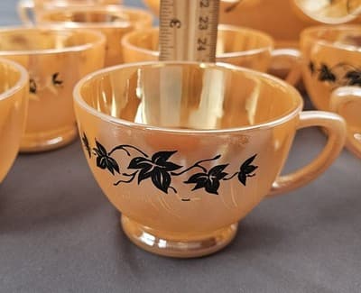 Vintage 1950's Anchor Hocking Peach Luster Ivy Leaves Punch Bowl Set 14 Piece - Thumbnail 9