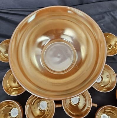 Vintage 1950's Anchor Hocking Peach Luster Ivy Leaves Punch Bowl Set 14 Piece - Thumbnail 3