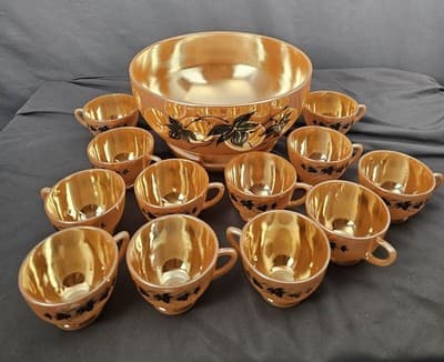 Vintage 1950's Anchor Hocking Peach Luster Ivy Leaves Punch Bowl Set 14 Piece - Thumbnail 4