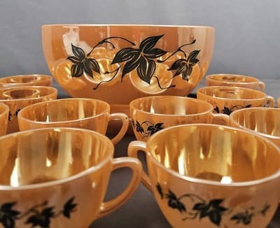 Vintage 1950's Anchor Hocking Peach Luster Ivy Leaves Punch Bowl Set 14 Piece - Thumbnail 5