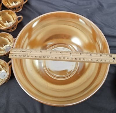 Vintage 1950's Anchor Hocking Peach Luster Ivy Leaves Punch Bowl Set 14 Piece - Thumbnail 17