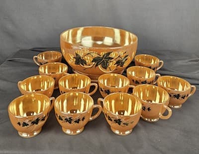 Vintage 1950's Anchor Hocking Peach Luster Ivy Leaves Punch Bowl Set 14 Piece - Thumbnail 2