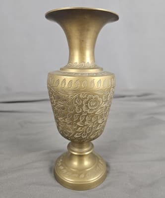 Brass Ornate Etched Vase 8" Tall Vintage - Thumbnail 4