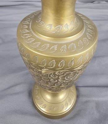 Brass Ornate Etched Vase 8" Tall Vintage - Thumbnail 5