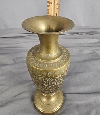 Brass Ornate Etched Vase 8" Tall Vintage - Thumbnail 7