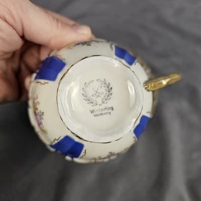 Blue Rose Gold Teacup & Saucer Winterling Germany Dresdin Style Gold Scroll Work - Thumbnail 4