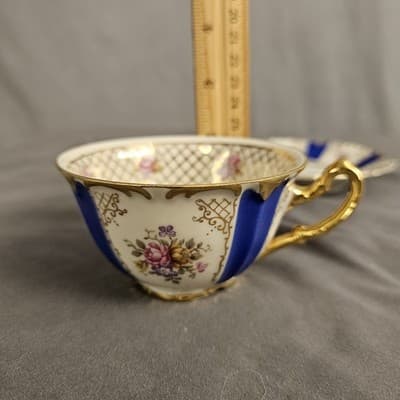 Blue Rose Gold Teacup & Saucer Winterling Germany Dresdin Style Gold Scroll Work - Thumbnail 10