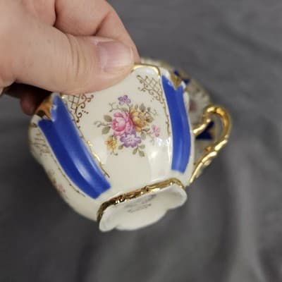 Blue Rose Gold Teacup & Saucer Winterling Germany Dresdin Style Gold Scroll Work - Thumbnail 5