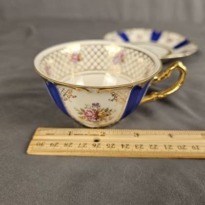 Blue Rose Gold Teacup & Saucer Winterling Germany Dresdin Style Gold Scroll Work - Thumbnail 9