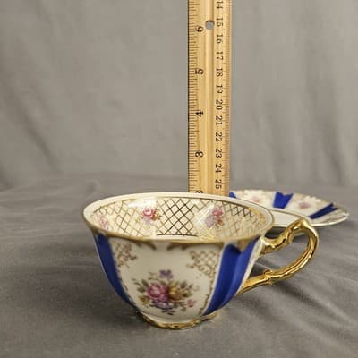 Blue Rose Gold Teacup & Saucer Winterling Germany Dresdin Style Gold Scroll Work - Thumbnail 11