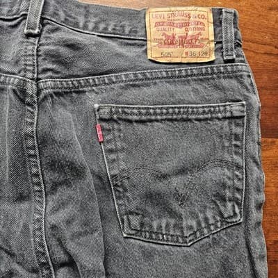 Levis 505 Jeans Mens 36w Black Denim Cotton Mid Rise Regular Fit Straight 36x26 - Thumbnail 7