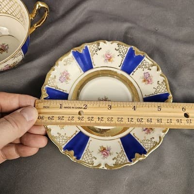 Blue Rose Gold Teacup & Saucer Winterling Germany Dresdin Style Gold Scroll Work - Thumbnail 8