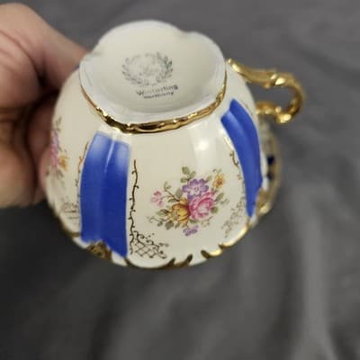 Blue Rose Gold Teacup & Saucer Winterling Germany Dresdin Style Gold Scroll Work - Thumbnail 6