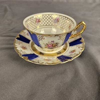 Blue Rose Gold Teacup & Saucer Winterling Germany Dresdin Style Gold Scroll Work - Thumbnail 2