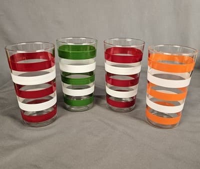 Anchor Hocking Striped Drinking Glasses 4.75" Orange Red Green White Set of 4 - Thumbnail 2