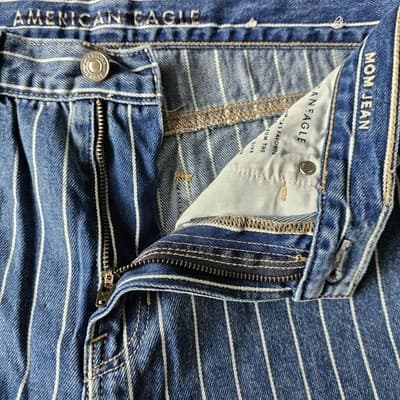 American Eagle Mom Jeans Blue w White stripes Size Regular 4 Tapered Legs 27.5" - Thumbnail 15