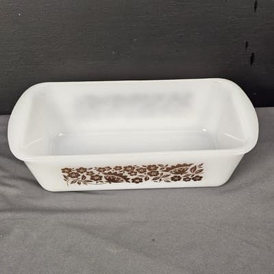 Vtg White Glasbake J522 - 1 1/2 Quart USA Loaf Pan Dish Bakeware Brown Flowers - Thumbnail 2